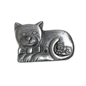 Vintage Silver Pewter Cat Brooch With Kitten Stud Earring Estate 2"